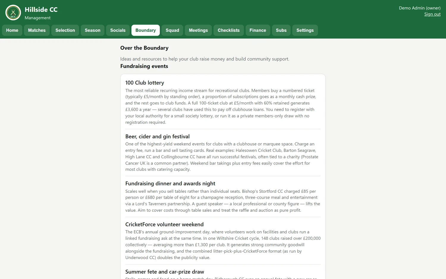 The Over the Boundary reference library open at Fundraising events, showing written entries on a 100 Club lottery, beer festivals, fundraising dinners and CricketForce