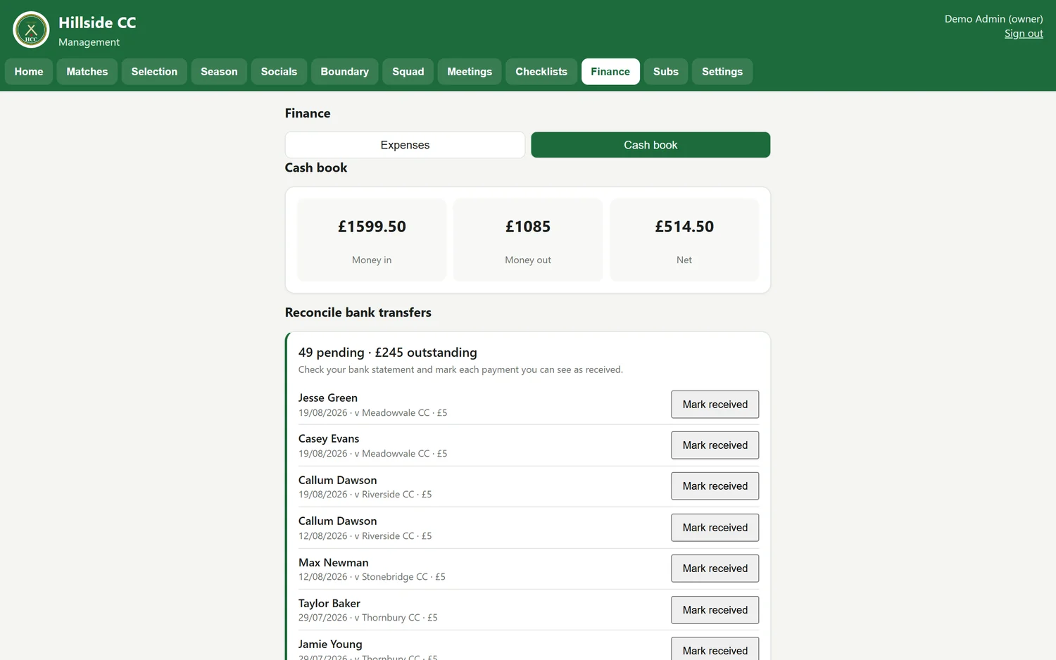 The Wicket cash book, showing money in, money out, the net position and a list of bank transfers waiting to be reconciled