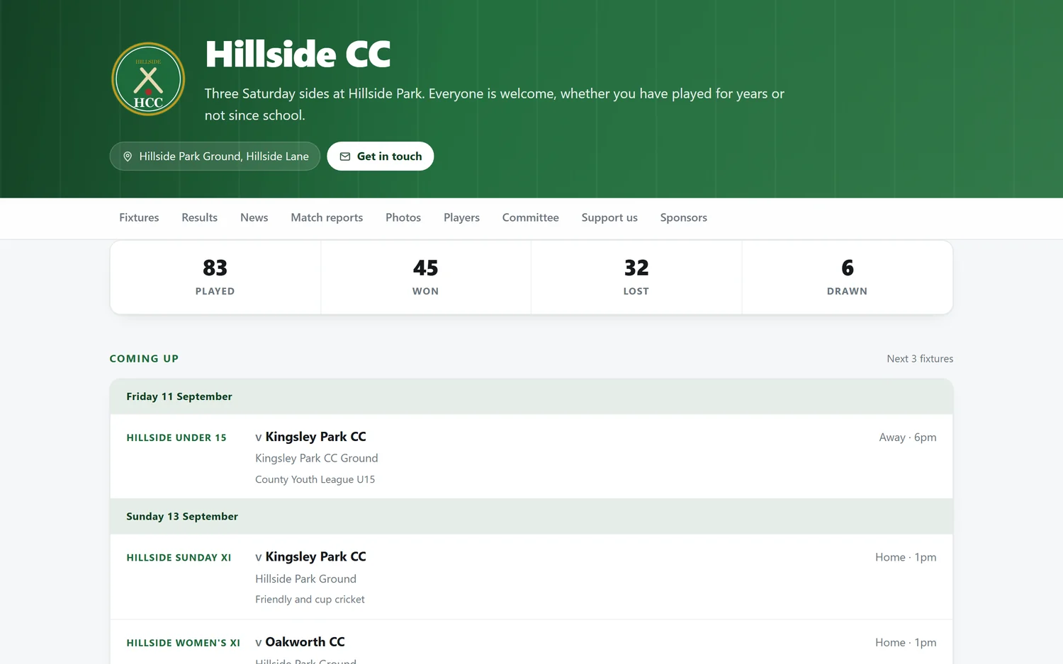 The public club website for the demo club, showing the club's own description, the season record and the next three fixtures across three different sides