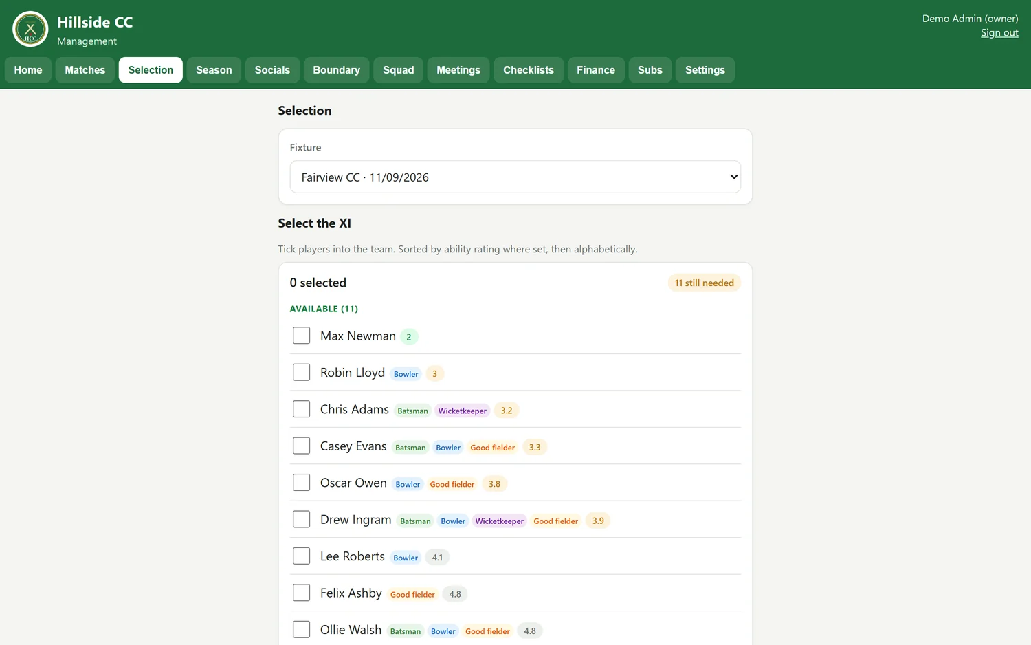 The Wicket selection screen, listing available players with private ability ratings and batting or bowling styles
